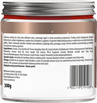 Tso Moriri peeling cukrowy kokos-migdał, tył słoika z metalową nakrętką, biała etykieta, polski skład i kod.