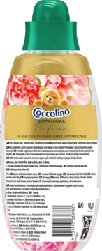 Tył butelki Coccolino Botanical Perfume Fabric Conditioner, biała z zieloną nakrętką i złotą etykietą w kwiaty.