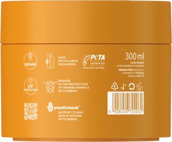 Tył maski do włosów Nivea Sun z ochroną UV, pomarańczowe opakowanie 300ml, widoczne ikony wegańskie i PETA.