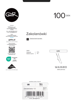 Opakowanie czarnych zakolanówek Gatta 100 DEN, białe, z logo Gatta i kodem kreskowym, widok z przodu.