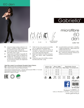 Opakowanie rajstop Gabriella microfibre 60 den z modelką, logo i informacjami o rozmiarach, widok z przodu.