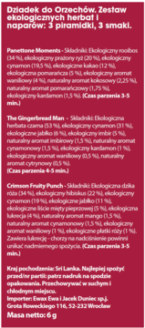 Czerwona etykieta zestawu Dziadek do Orzechów, 3 organiczne herbatki w piramidkach. Widoczne szczegóły składów.