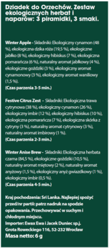 Tył zielonego opakowania herbat Dziadek do Orzechów z listą ekologicznych składników 3 smaków i danymi producenta.