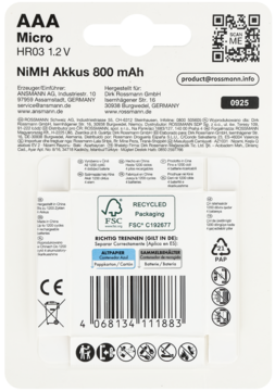 Tył białego opakowania baterii AAA Micro NiMH 800 mAh, z niemieckim opisem i symbolami CE, FSC, recyklingu.