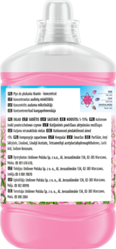 Tył różowej butelki skoncentrowanego płynu do płukania tkanin Coccolino Silk Lily z etykietą.