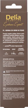 Delia Cosmetics Eyebrow Expert Henna do brwi w penie, brązowe opakowanie z żółtym logo, widok z przodu.