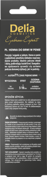 Czarne opakowanie Delia Cosmetics Eyebrow Expert Henna do brwi w penie, z widocznym złotym logo i polskimi opisami.