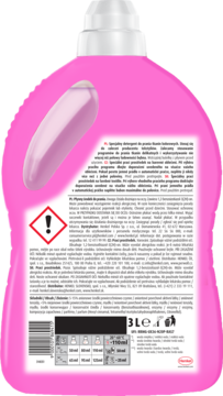 Tył różowej butelki Perwoll 3l, detergentu do kolorowych tkanin, z etykietą i instrukcjami prania.