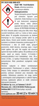 Biała etykieta Glade ONE Fresh Mandarin Dream, tył z piktogramami, ostrzeżeniami i danymi producenta.