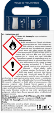 Tylna etykieta wkładu Glade ONE Relaxing Zen 10ml, z piktogramami zagrożenia i wskazówkami kompatybilności.
