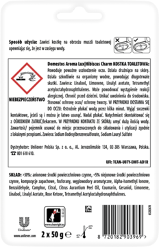 Tył opakowania kostek Domestos Aroma Lux Hibiscus Charm z ostrzeżeniami, składem i instrukcją użycia.