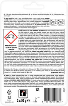 Tył białego opakowania Domestos Aroma Lux Dahlia Wish kostek toaletowych 2x50g z opisem, symbolami ostrzegawczymi i kodem kreskowym.
