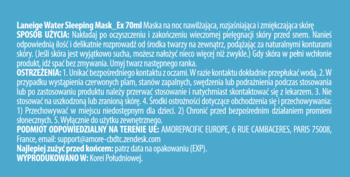 Tekst z opakowania maski LANEIGE Water Sleeping Mask 70ml, Hydrate, Brighten, Soften, na niebieskim tle.