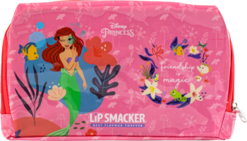Różowa kosmetyczka Lip Smacker, zestaw makijażowy Disney Ariel z Flounderem i napisem "friendship & magic", widok z przodu.