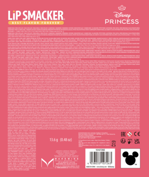 Tył różowego opakowania balsamu do ust Lip Smacker Disney Princess z listą składników, kodem kreskowym i wagą 11.6g.