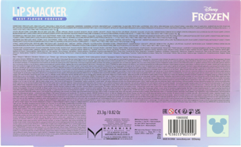 Tył opakowania zestawu do makijażu Lip Smacker Disney Frozen, z kodem kreskowym, listą składników i ikoną Myszki Miki.