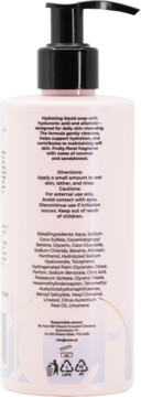 Tył różowego mydła do rąk Moee Hyaluronic Liquid Soap z czarną pompką, widoczne składniki i instrukcje.