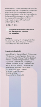 Tył opakowania kremu do rąk Moee Barrier Repair, widoczny opis, sposób użycia i lista składników.