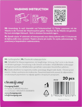 Tył różowego opakowania chusteczek OH MY WASH! wyłapujących kolor (20 szt.) z instrukcjami prania i kodem.