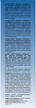Alpine White Whitening Toothpaste Sensitivity Relief, niebiesko-białe opakowanie, pełny widok przodu z czytelnym tekstem i składem.