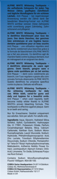 Niebieska etykieta Alpine White Whitening Toothpaste z informacjami o produkcie i listą składników.