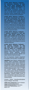 Niebieska etykieta pasty Alpine White Whitening Toothpaste Extra White, szczegółowy opis i składniki produktu.