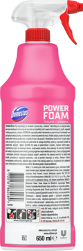 Domestos Power Foam Floral Burst, różowy spray 650ml do łazienek, tył opakowania z kodem kreskowym i polskim tekstem.