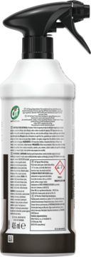Tył butelki Cif Perfect Finish spray do stali nierdzewnej 450ml z czarnym atomizerem, etykieta z opisem i ostrzeżeniami.