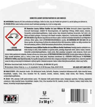 Tył białego opakowania Domestos Wild Berries, kostek toaletowych 3x50g z ostrzeżeniami i składem.