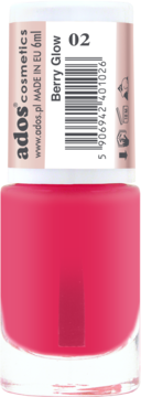 Ados Cosmetics lakier do paznokci Berry Glow 02, intensywny róż, w szklanej butelce z etykietą na nakrętce.
