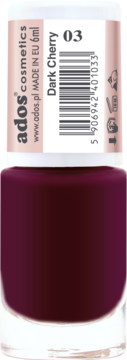 Ados Cosmetics lakier do paznokci serum, Dark Cherry 03, ciemny wiśniowy, butelka 6ml, widok z przodu.
