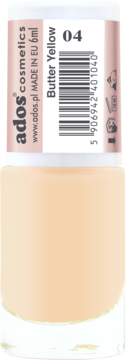 ADOS lakier serum do paznokci Butter Yellow 04, jasnożółty, półtransparentny, w szklanej butelce, widok z przodu.