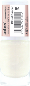 Ados lakier do paznokci serum Cloud Dancer 06, biały półtransparentny shimmer, widok przód.