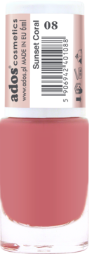 Lakier Ados Cosmetics Sunset Coral 08, 6ml, w szklanej butelce, zgaszony koralowy odcień, widok z przodu.