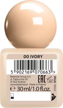 Bielenda SKIN PERFECTION podkład 00 Ivory, beżowa butelka, zbliżenie na etykietę 30ml z kodem, widok z przodu.