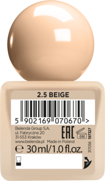 Kryjący podkład Bielenda 2.5 BEIGE w beżowej butelce 30ml z kulistą nakrętką, widok z góry i boku.
