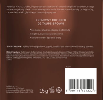 Tył opakowania kremowego bronzera 02 Taupe Brown Hazel Light, z listą składników i kodem kreskowym.