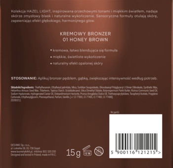 Tył opakowania kremowego bronzera 01 Honey Brown HAZEL LIGHT, ciemne tło, białe napisy, kod kreskowy.