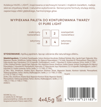 Tył palety Wypiekana Pure Light 01. Widoczne 4 odcienie: srebrny rozświetlacz, szampański, róż, bronzer.
