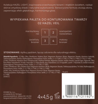 Tył ciemnobrązowego opakowania wypiekanej palety do konturowania twarzy 02 Hazel Veil z kodem kreskowym i tekstem.