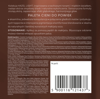 Tył opakowania palety cieni do powiek Hazel Light w odcieniach brązu, z białym tekstem i kodem kreskowym.