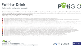 Biała karta produktu Peti-to-Drink, automatycznej fontanny dla zwierząt, z wielojęzycznym opisem i logo PetiGIO.