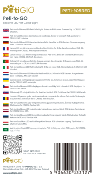 Tył białego opakowania Peti-to-GO: silikonowa zawieszka LED do obroży, opisy w wielu językach, kod QR.
