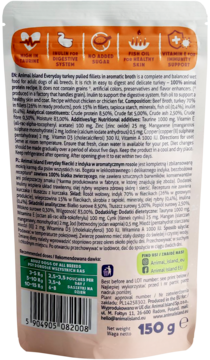 Tył opakowania karmy Animal Island Everyday, fileciki z indykiem, 150g. Bez cukru, barwników i konserwantów.