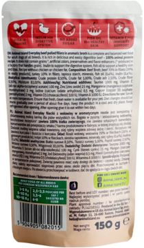 Tył saszetki karmy Animal Island Everyday dla psa, wołowina, 150g, z instrukcją karmienia.