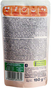 Tył różowej saszetki karmy dla psa Animal Island Everyday, pasztet jagnięcy, 150g, z etykietami i tekstem.