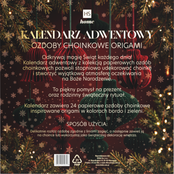 Tył kalendarza adwentowego "OZDOBY CHOINKOWE ORIGAMI". Ciemne tło, złoto-zielone dekory, opis w języku polskim.