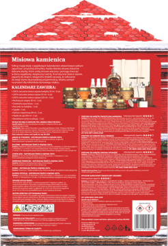 Tył czerwonego kalendarza adwentowego Miodowa Kamienica w kształcie domu, z listą produktów i grafikami świec.