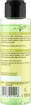 Tył butelki mini żelu Joanna Naturia Orzeźwienie aloes i limonka 100ml, z zielono-białymi etykietami, tekstem i kodem.