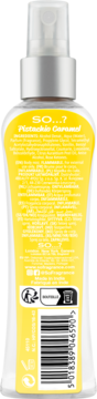 Tył żółtej butelki 100 ml mgiełki SO...? Pistachio Caramel, składniki, kod kreskowy, refillem.